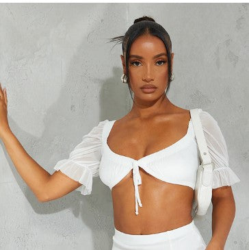 White Mesh Tie Front Detail Puff Sleeve Bralet