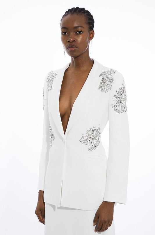 Ivory Crystal Embellished Tailored Single Breasted Longline Blazer