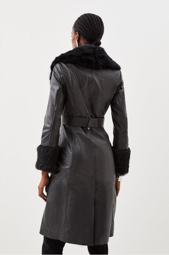 Shearling Cuff And Collar Leather Coat