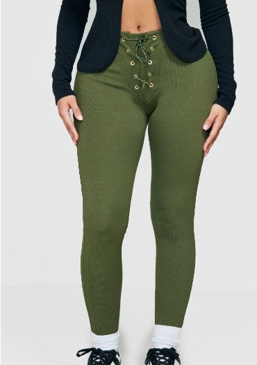 Shape Moss Khaki Soft Rib Ehelet Lace Up Leggings