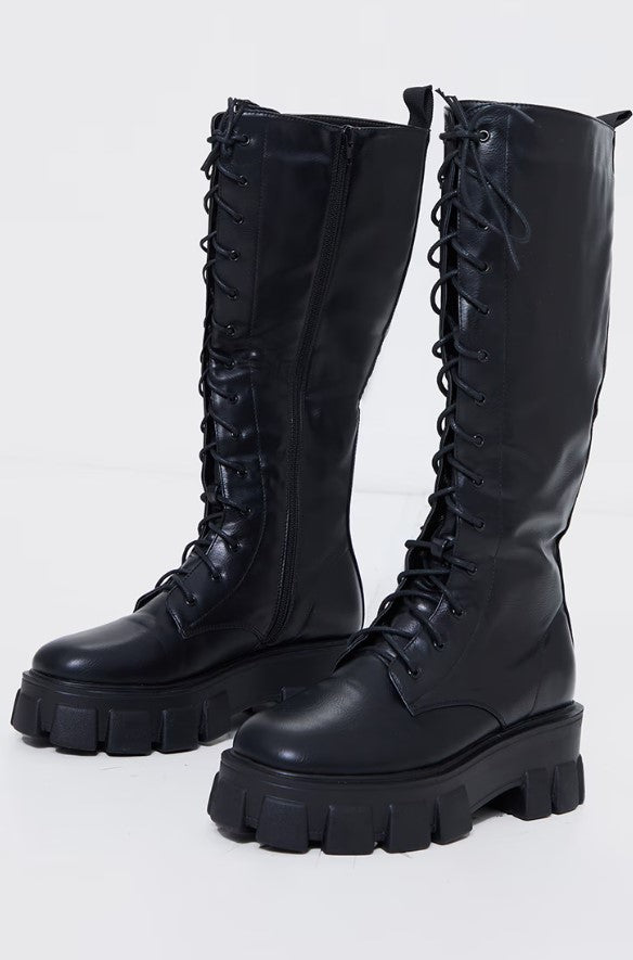 Black Pu Extreme Cleated Lace Up Knee High Boots