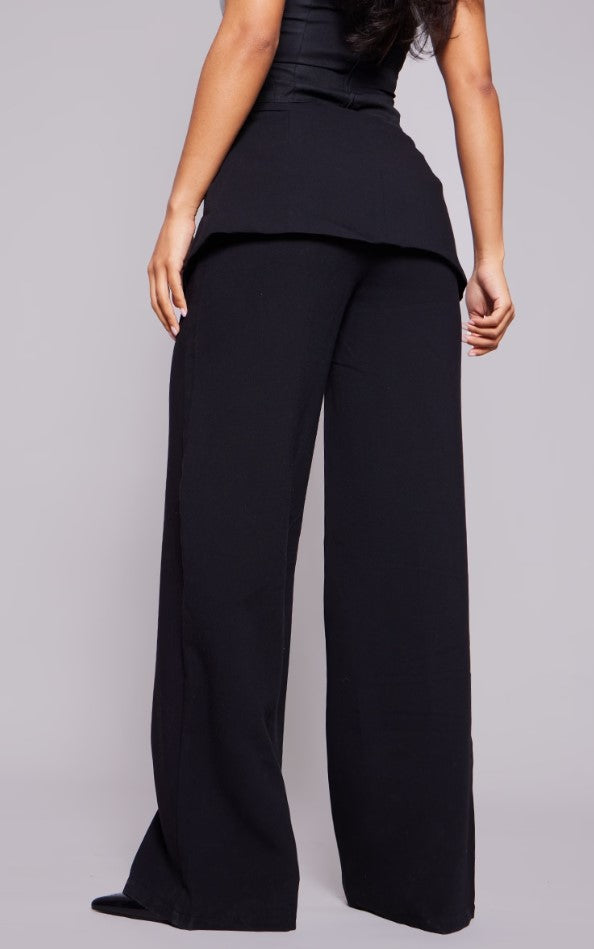 Black High Waisted Peplum Detail Straight Leg Trousers