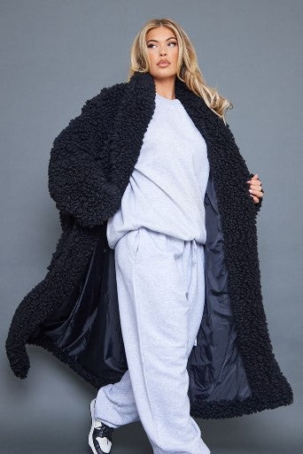 Black Oversized Maxi Length Belted Borg Coat