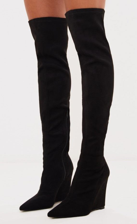 Black Faux Suede Pointed Side Seam Detail Wedge Heeled Over The Knee Boots