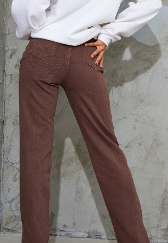 Brown Split Hem Straight Leg Jeans