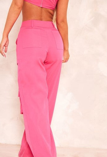 Hot Pink Woven Pocket Detail High Waist Cargo Trousers