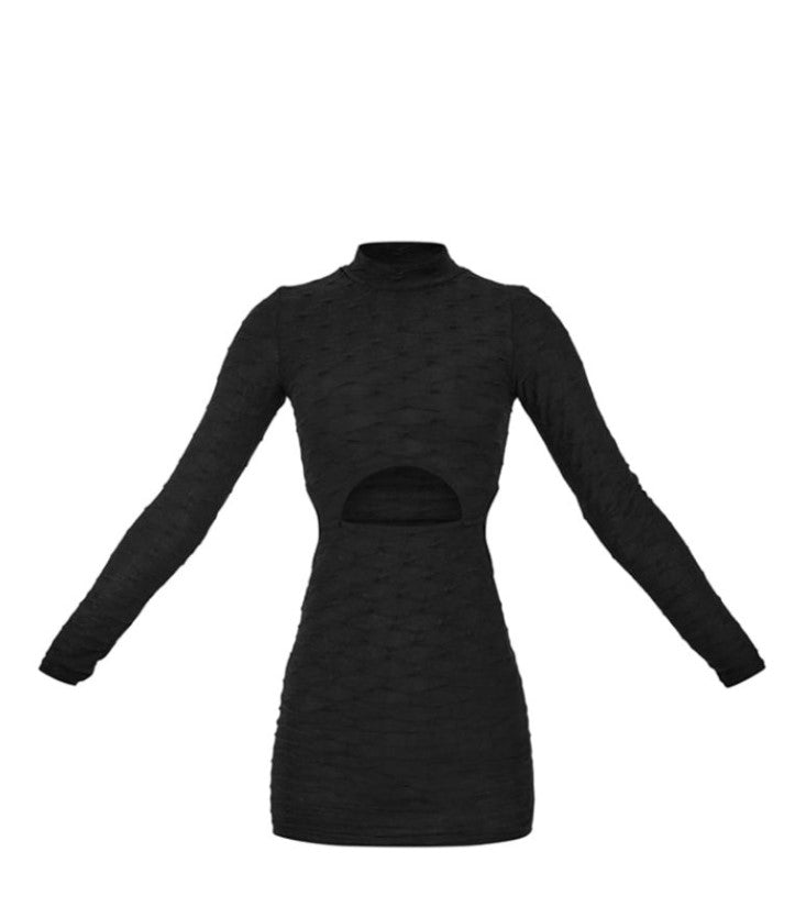 Black Textured Long Sleeve Cut Out Mini Dress