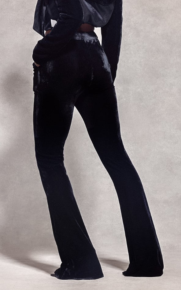 Black Velvet Pintuck Detail Flared Trousers