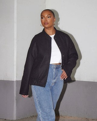 Plus Black Oversized Wool Look Bomber Jacket