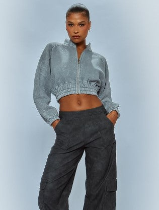 Light Grey Washed Elasticated Hem Zip Crop Sweatshirt