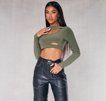 KHAKI SLINKY LONG SLEEVE CUT OUT FRONT CROP TOP