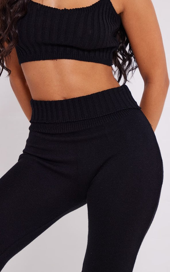 Petite Black Knitted Fold Over Flared Trousers