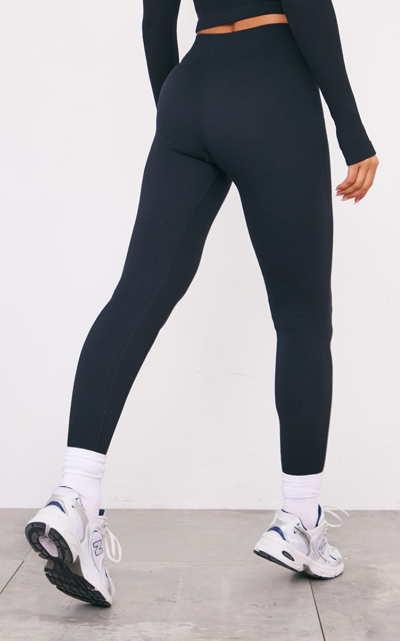 Black Structured Contour Ribbed Leggings