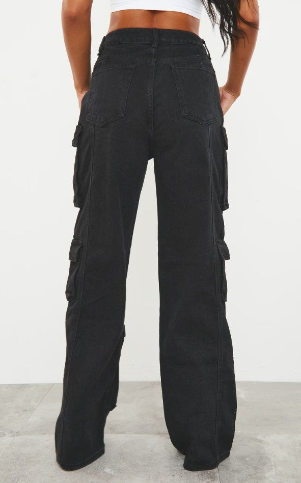 Washed Black Cargo Pocket Detail Wide Leg Jeans