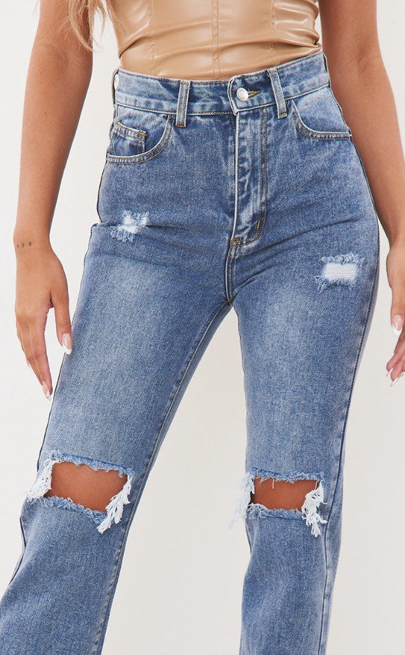 Mid Wash High Rise Ripped Straight Leg Jeans