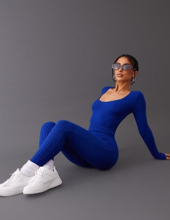 Petite Royal Blue Long Sleeve Knitted Jumpsuit