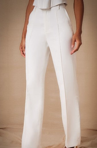 Premium White Woven Pintuck Straight Leg Trousers