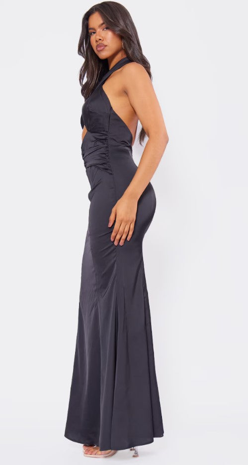 Black Satin Cross Front Ruched Maxi Dress