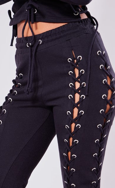 Petite Black Eyelet Detail Lace Up Joggers