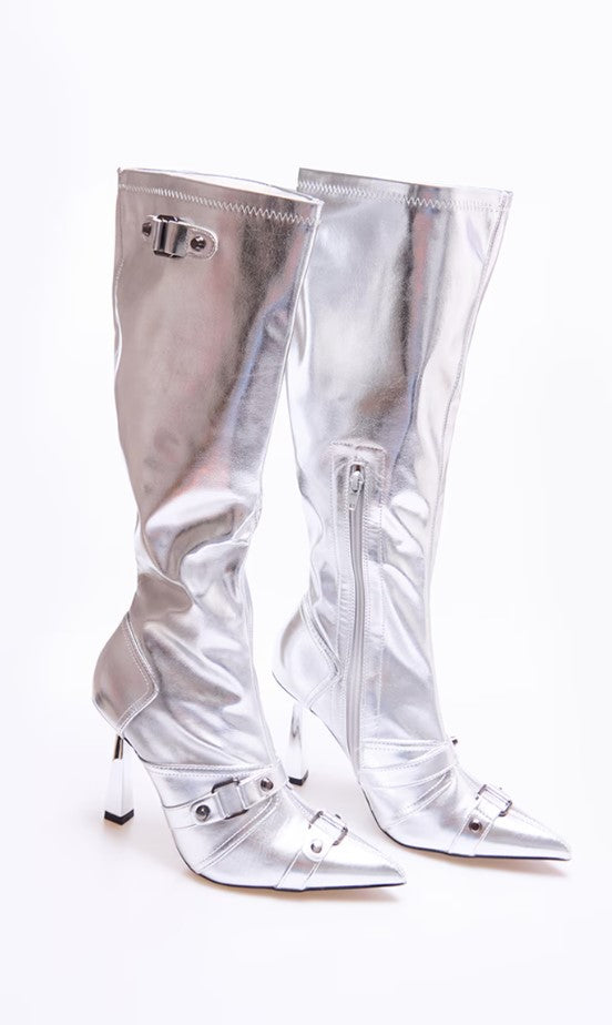 Silver Pu Metallic Buckle Detail High Heeled Knee Boots