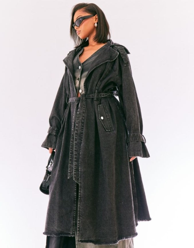 Black Acid Wash Denim Belted Trench Coat