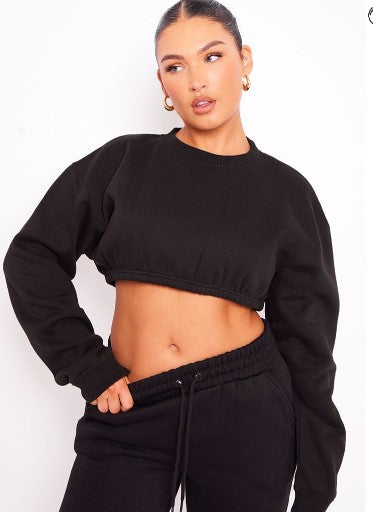 Black Cropped Elasticated Hem Sweatshirt