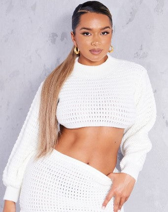 Shape Cream Knitted Long Sleeve High Neck Crop Top