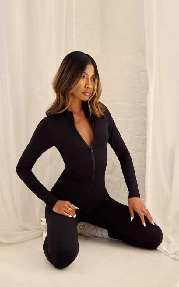 Black Contour Sculpt Zip Jumpsuit