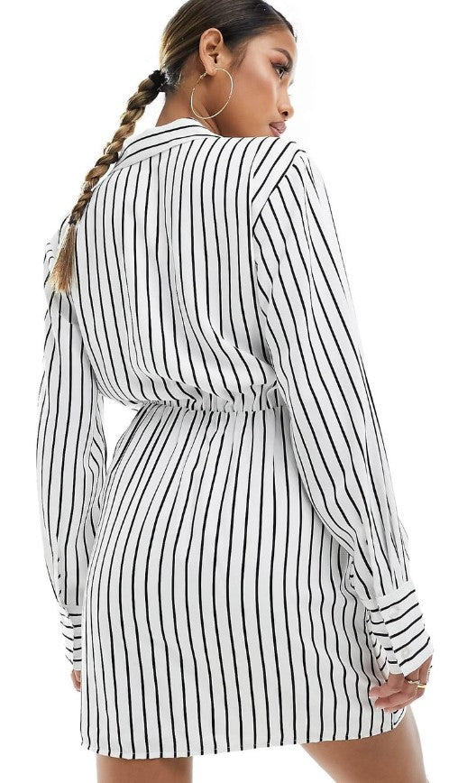 Abercrombie & Fitch long sleeve draped striped shirt dress in white