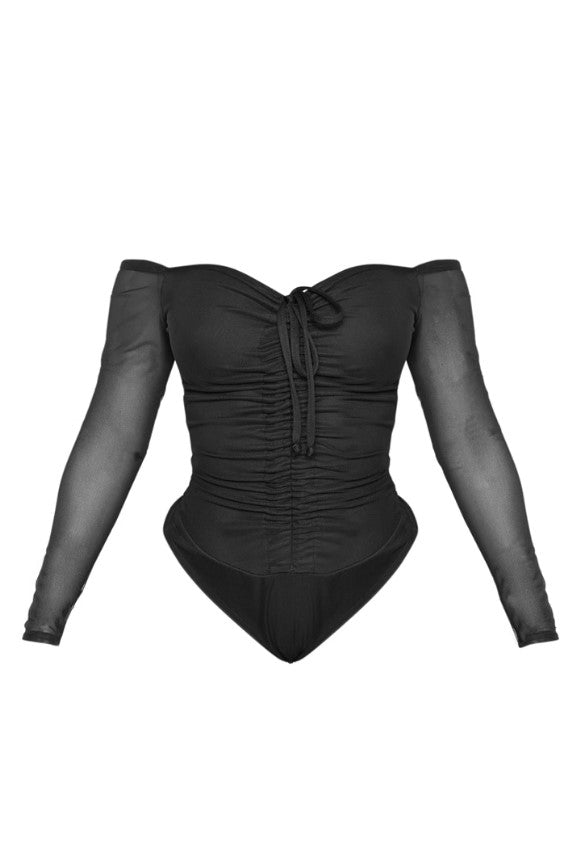 Shape Black Mesh Long Sleeve Ruched Bodysuit