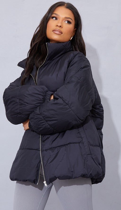 Black Soft Touch Nylon Padded Panel Longline Puffer