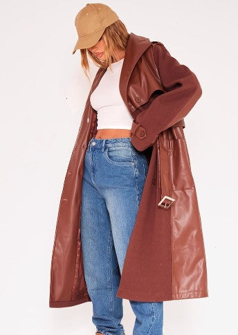 Chocolate Contrast Faux Leather Wool Look Belted Trench Coat