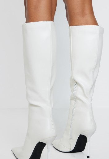 White Pu Point Toe Knee High Stiletto Heeled Boots