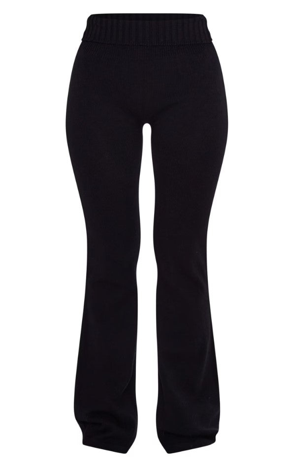 Petite Black Knitted Fold Over Flared Trousers