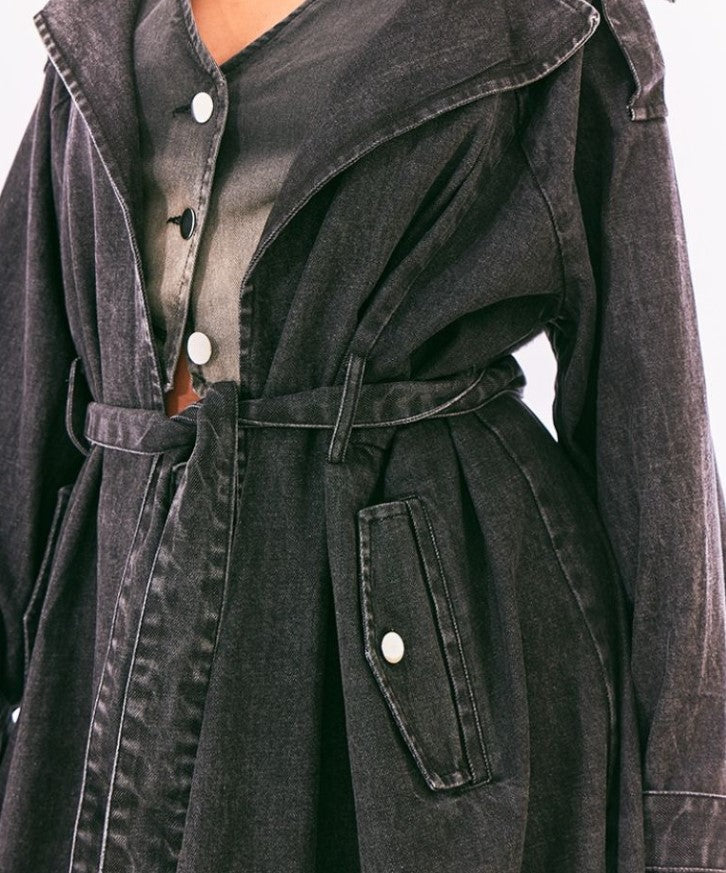 Black Acid Wash Denim Belted Trench Coat