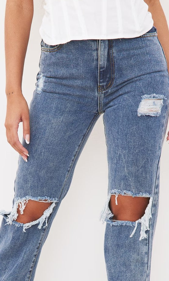 Vintage Wash High Rise Ripped Straight leg Jeans