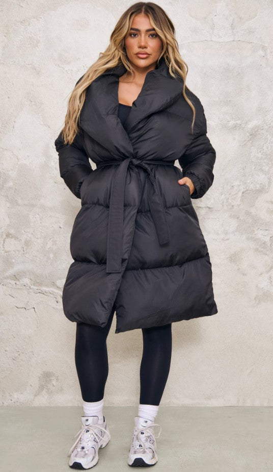 Black Oversized Collar Belted Longline Puffer