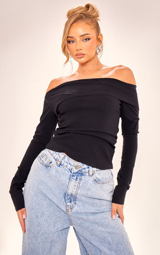 Black Stretch Woven Bardot Long Sleeve Top