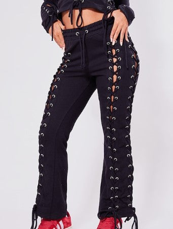 Petite Black Eyelet Detail Lace Up Joggers