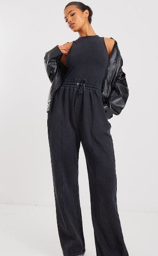 Washed Black Scoop Neck Sweat Wide Leg Jumpsuit