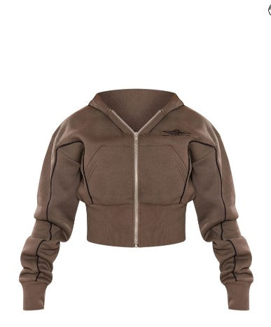 Khaki Cropped Contrast Stitch Zip Through Hoodie