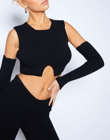 Black Rib Knit Racer Crop Top & Sleeves