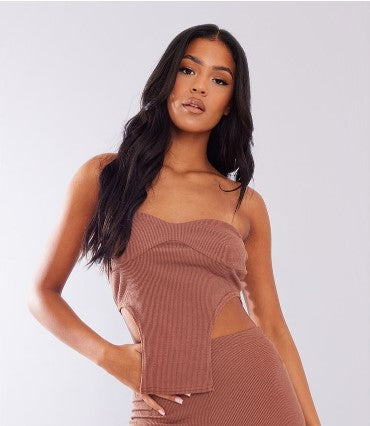 Tall Chocolate Rib Curved Hem Corset Top