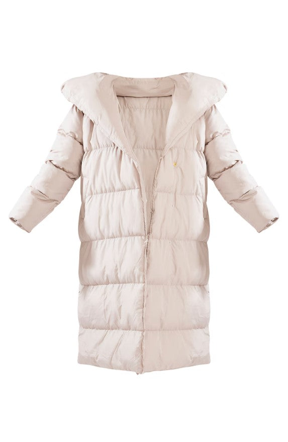 Taupe Chevron Quilted Maxi Puffer Coat