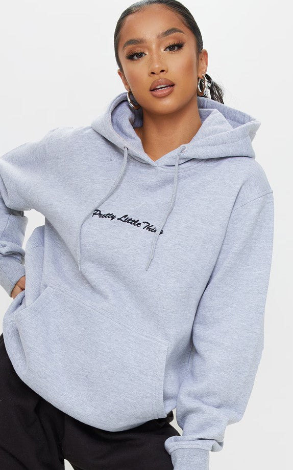 Petite Grey Marl Oversized Embroidered Hoodie