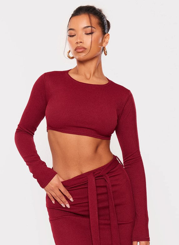 Cherry Red Stretch Rib Long Sleeve Open Back Crop Top