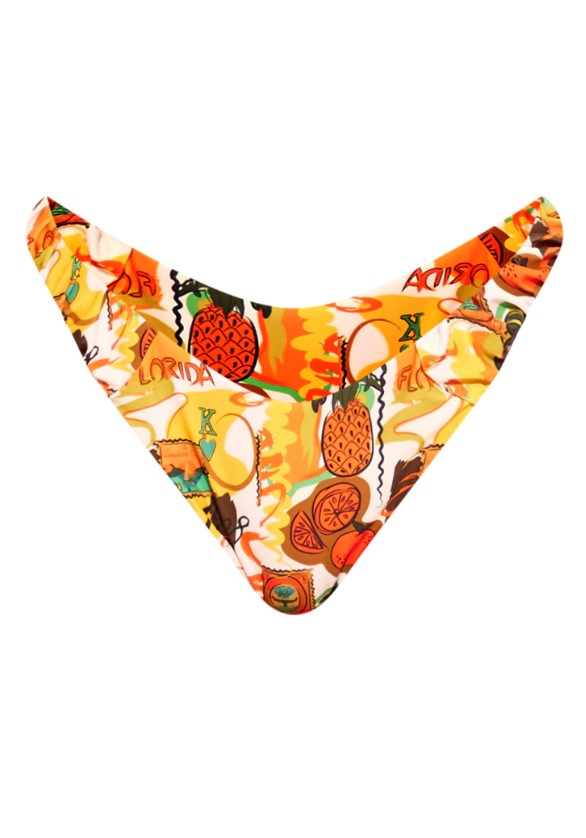 Orange Postcard Print Ruched V Front Bikini Bottoms