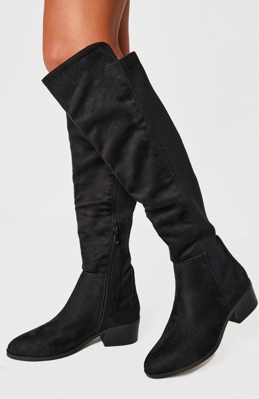 Black Faux Suede Wide Fit Round Toe Block Heel Knee High Boots