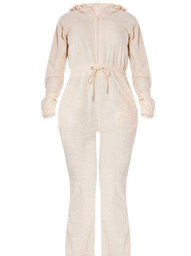 Shape Cream Towelling Tie Waist Wide Leg Jumpsuit