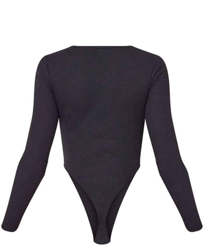 Recycled Basic Black Rib V Neck Long Sleeve Bodysuit